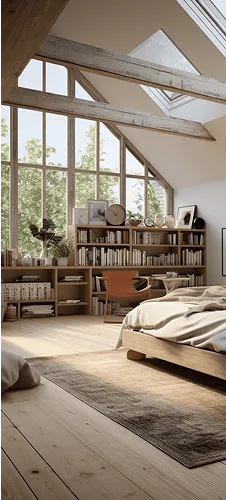 Cozy attic bedroom with warm natural wood tones and soft lighting